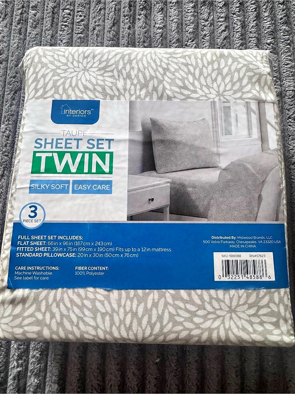 Interiors by Design Taupe Sheet Set Twin Floral Sheet Set in Gray & White Twin